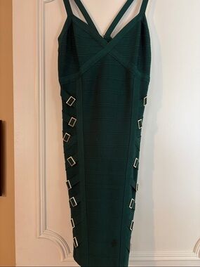 bebe Deep Green Strappy Bandage Midi Dress with Side Buckles